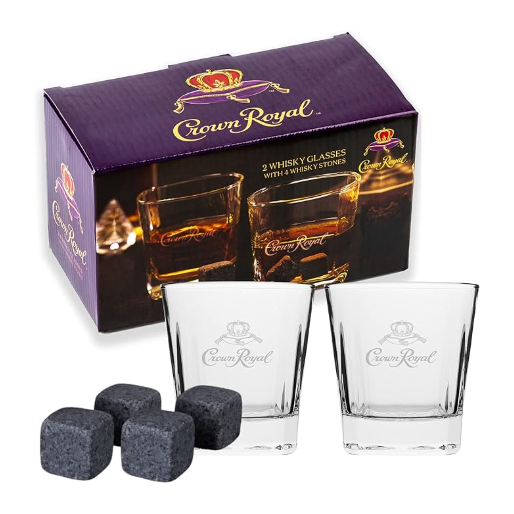 Lord's Rocks Crown Royal Whiskey Glass & Stone Set - 2 Glasses & 4 Granite Chilling Rocks