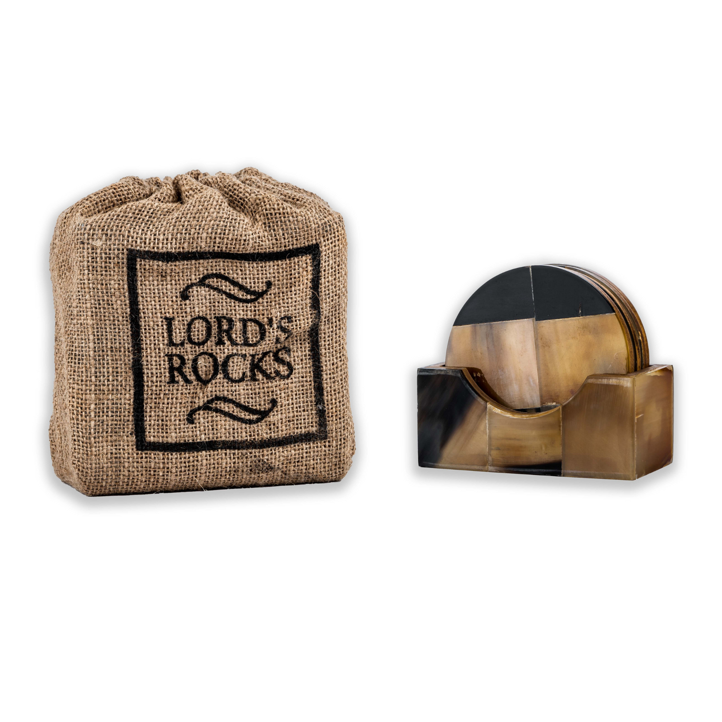 Viking Horn Drink Coasters with Holder by Lord’s Rocks | 4 Piece Round Coaster Set with Reusable Bag | 4-Inch Coasters for Coffee Table and Unique Gifts for Men