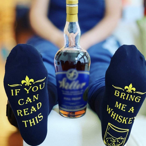Lord's Rocks 2 Pair Pack of Whiskey Stones Socks in Genuine Wood Barrel. Black Verbiage Black Orange Pattern Novelty