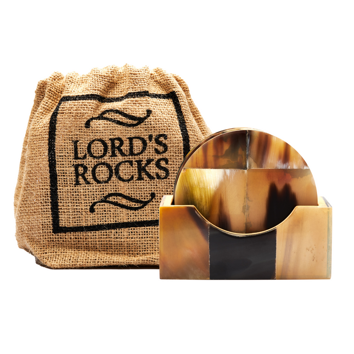 Viking Horn Drink Coasters with Holder by Lord’s Rocks | 4 Piece Round Coaster Set with Reusable Bag | 4-Inch Coasters for Coffee Table and Unique Gifts for Men
