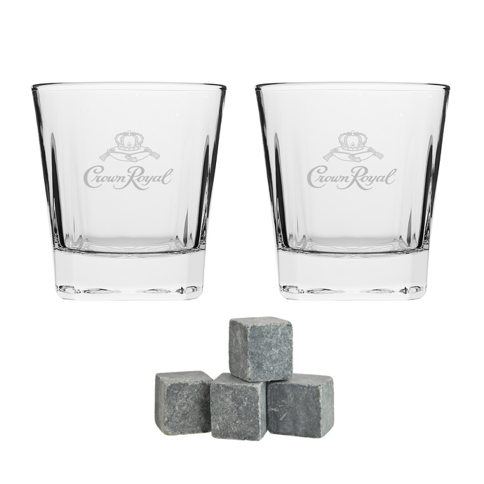 Crown Royal Whiskey Glass and Stone Set by Lord’s Rocks | 2 Scotch Whiskey Glasses and 4 Unique Chilling Granite Rocks | Whiskey Stone Gift Set for Men Compatible