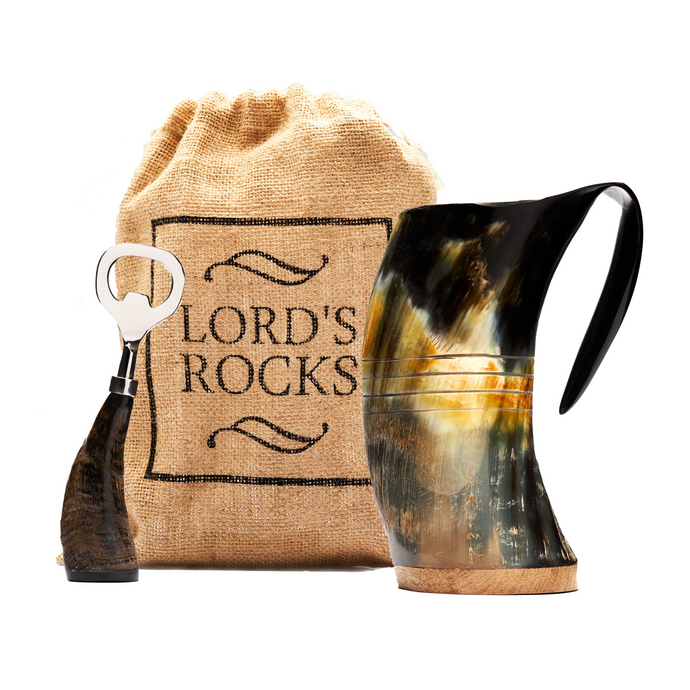 Viking Drinking Horn Mug by Lord’s Rocks | 20-Ounce Beer Stein with Medieval Burlap Jute Bag and Bottle Opener | Authentic Handmade Oxhorn Tankard for Mead and Wine Gifts