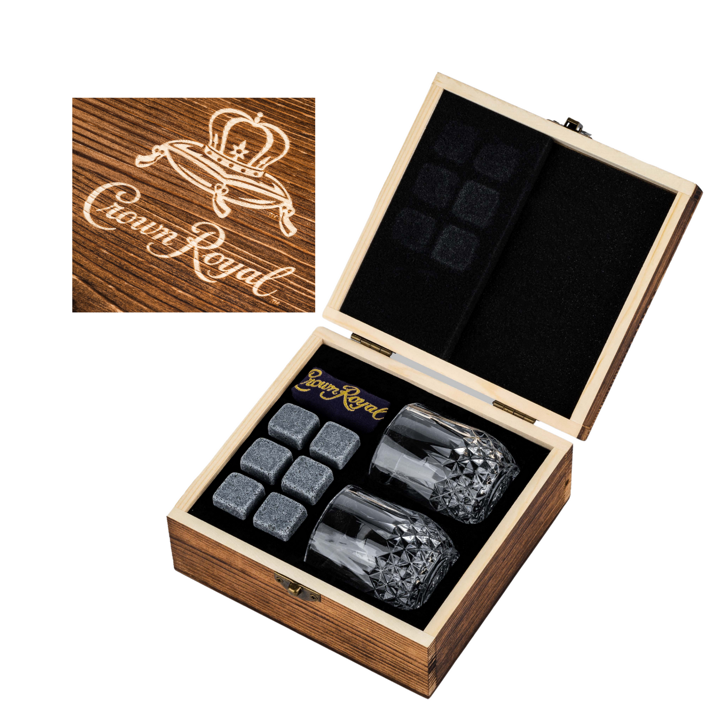 Crown Royal Crystal Whiskey Glass and Stone Set | Wooden Box Set of 2 Crystal Glasses with 6 Whiskey Rocks Chilling Stones | Velvet Crown Royal Pouch Included by Lord’s Rocks Compatible