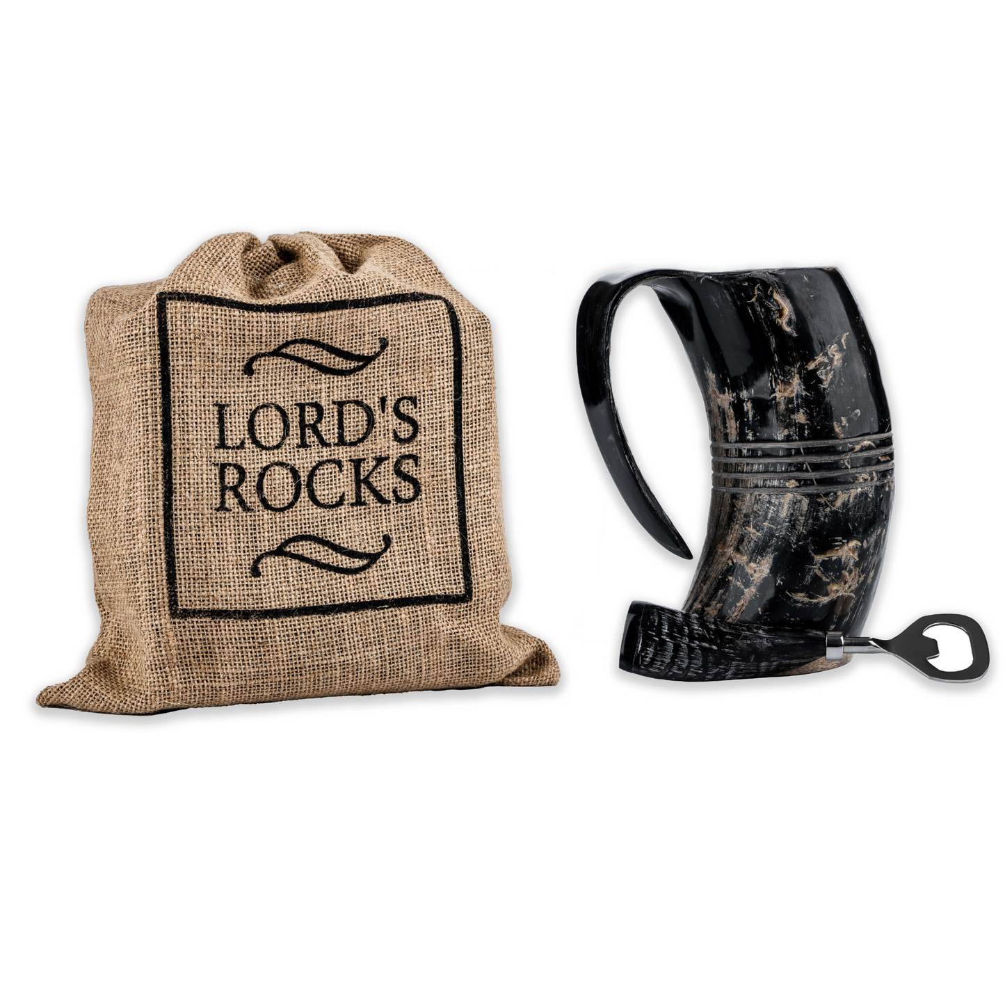 Viking Drinking Horn Mug by Lord’s Rocks | 20-Ounce Beer Stein with Medieval Burlap Jute Bag and Bottle Opener | Authentic Handmade Oxhorn Tankard for Mead and Wine Gifts