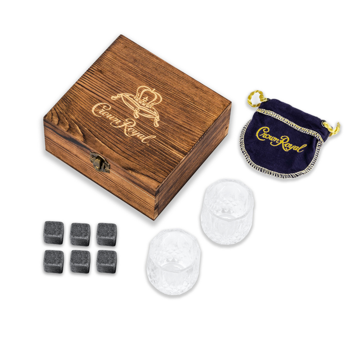 Crown Royal Crystal Whiskey Glass and Stone Set | Wooden Box Set of 2 Crystal Glasses with 6 Whiskey Rocks Chilling Stones | Velvet Crown Royal Pouch Included by Lord’s Rocks Compatible