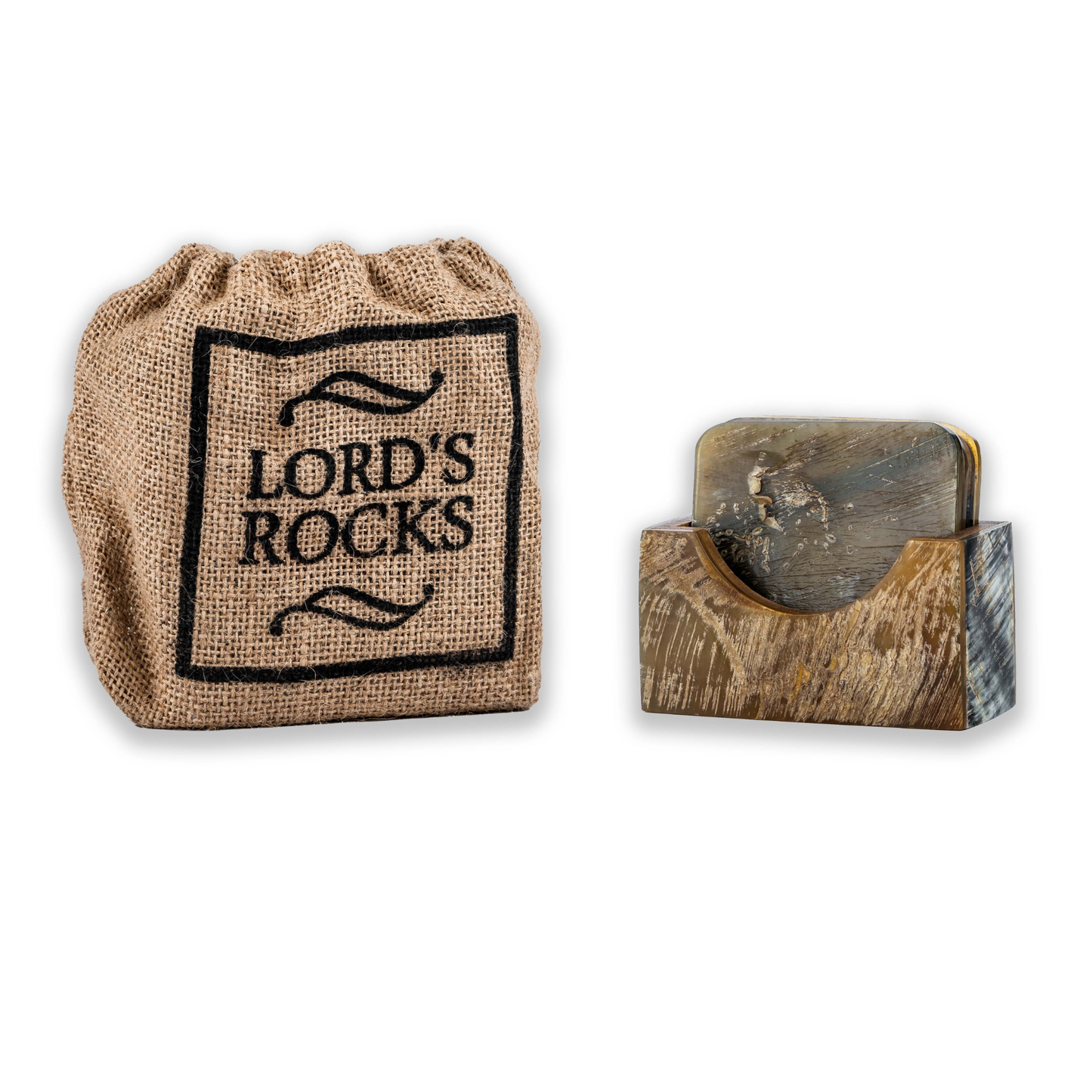 Viking Horn Drink Coasters with Holder by Lord’s Rocks | 4 Piece Square Coaster Set with Reusable Bag | 4-Inch Coasters for Coffee Table and Unique Gifts for Men