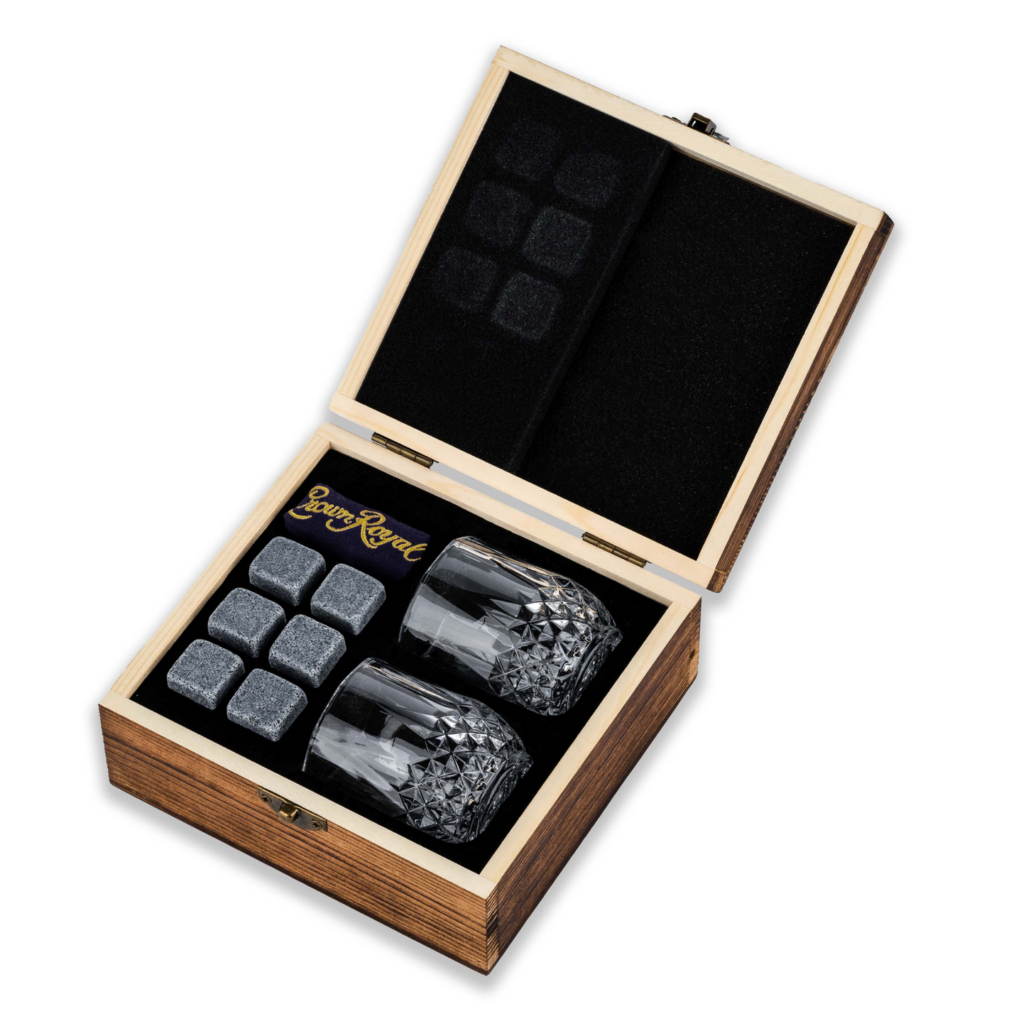 Crown Royal Crystal Whiskey Glass and Stone Set | Wooden Box Set of 2 Crystal Glasses with 6 Whiskey Rocks Chilling Stones | Velvet Crown Royal Pouch Included by Lord’s Rocks Compatible