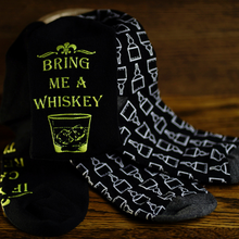 Load image into Gallery viewer, Lord&#39;s Rocks 2 Pair Pack of Whiskey Stones Socks in Genuine Wood Barrel Black Verbiage Black White Pattern Novelty