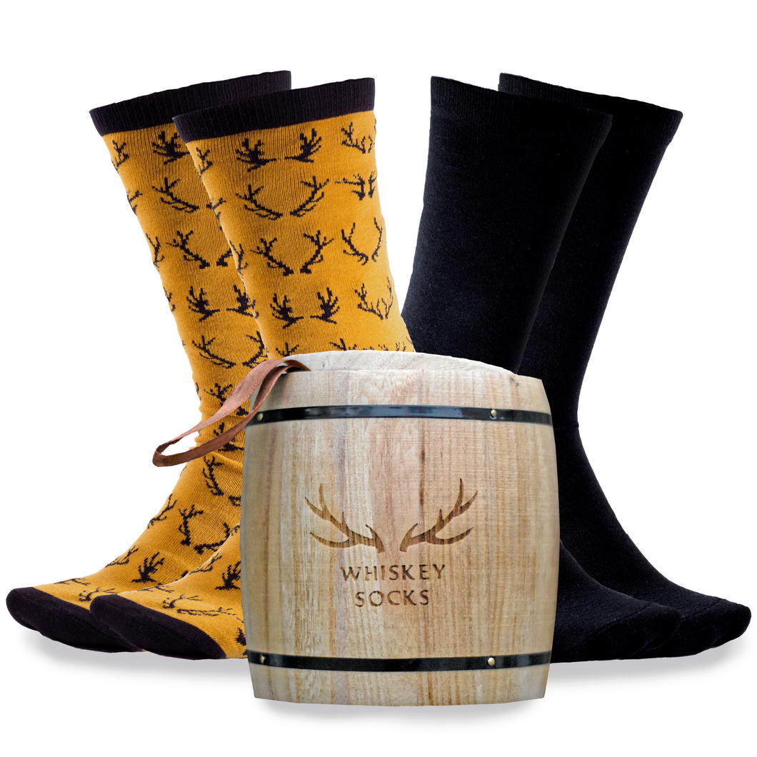 Lord's Rocks 2 Pair Pack of Whiskey Stones Socks in Genuine Wood Barrel. Black Verbiage Black Orange Pattern Novelty