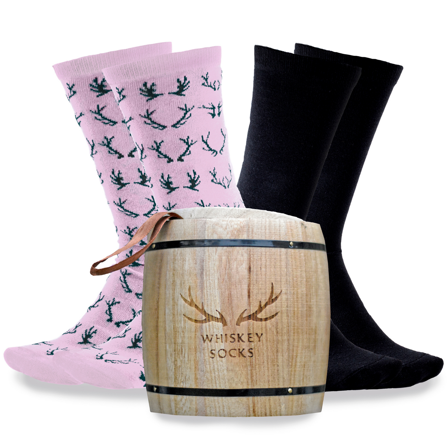 Lord's Rocks 2 Pair Pack of Whiskey Stones Socks in Genuine Wood Barrel. Black Verbiage Black Pink Pattern Novelty