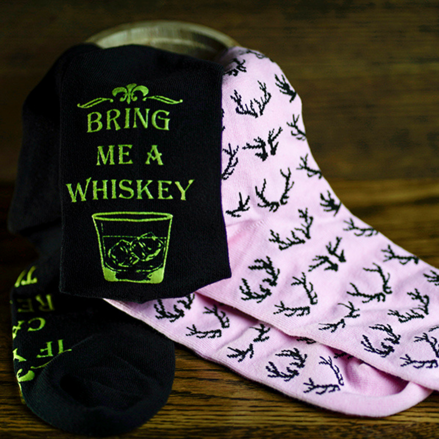 Lord's Rocks 2 Pair Pack of Whiskey Stones Socks in Genuine Wood Barrel. Black Verbiage Black Pink Pattern Novelty