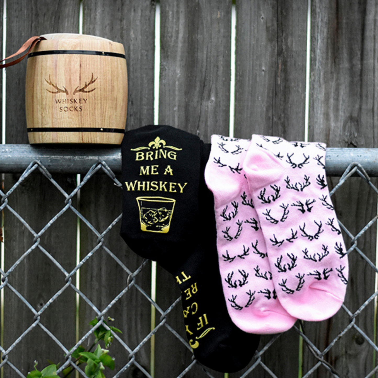 Lord's Rocks 2 Pair Pack of Whiskey Stones Socks in Genuine Wood Barrel. Black Verbiage Black Pink Pattern Novelty