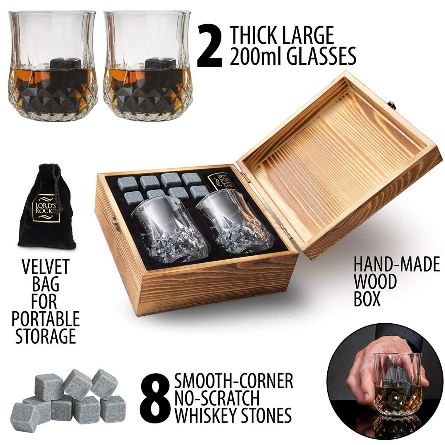 The Pro - 8 Whiskey Stones + two 6.8 oz Glasses - Whiskey 
